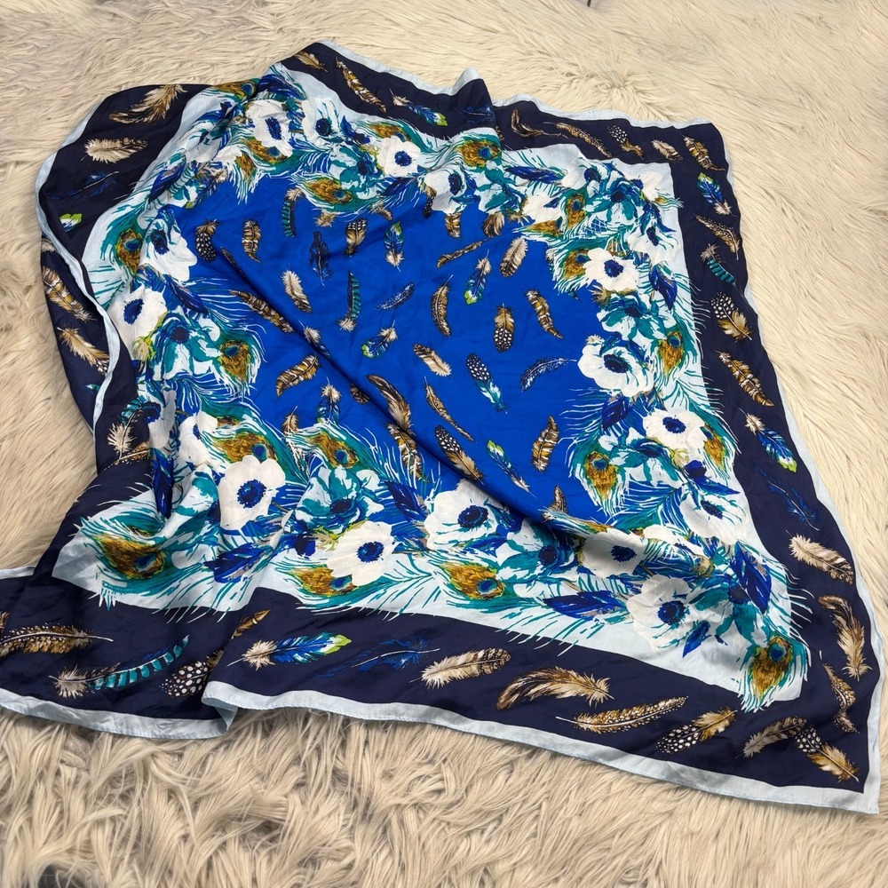 Unbranded Silk Floral Peacock Feather Scarf Bandana Boho Artsy Blue White